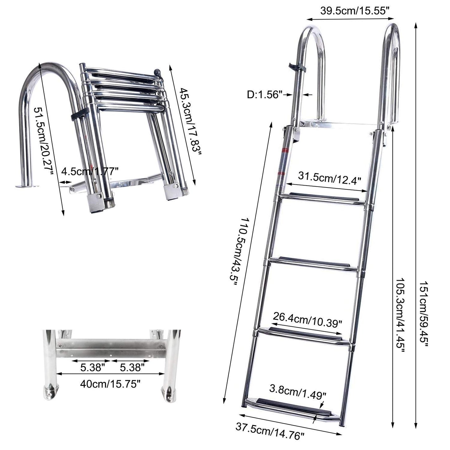 Amarine Made 4 Step Pontoon Boat Ladder Foldable Stainless Steel Marine Rear Entry Telescoping Ladders with Wide Steps Swim Deck Laddes with Pedal Hand Railing,Retaining Strap
