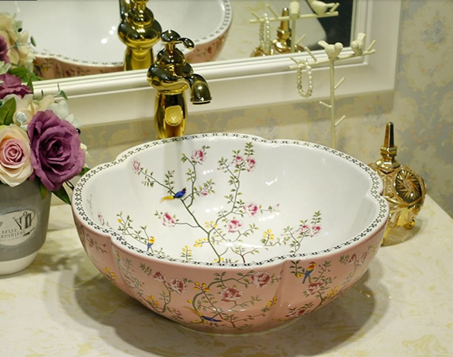 Jdzlanwtart Bathroom Vanity Top Vessel Sink Pink Color American Style Ceramic Countertop Sink Bowl with Flower Bird Pattern without Faucet - Above Counter Installation - 16.4"L x 16.4"W x 5.9"H
