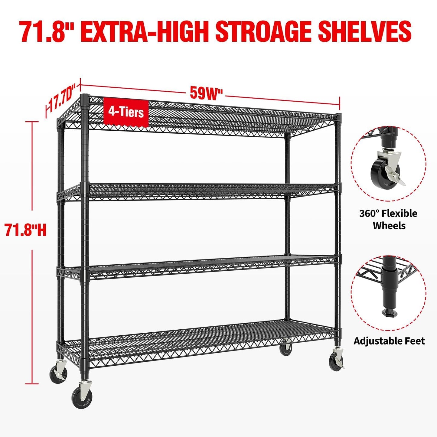 EliteEdge 4-Tier Tall Steel Wire Shelving Unit with Wheels, Heavy Duty Storage Rack, 2640 Lbs Capacity, Adjustable Industrial Shelves for Garage, Workshop, or Warehouse