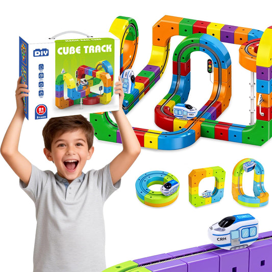 Electric Train Set for Kids, 81PCS Build 3D Racing Track Set with Electric Train, Traffic Signs, STEM Race Track Car Toy Suit for Kids, 3 4 5 6 7 8 Years Old Boys & Girls Birthday