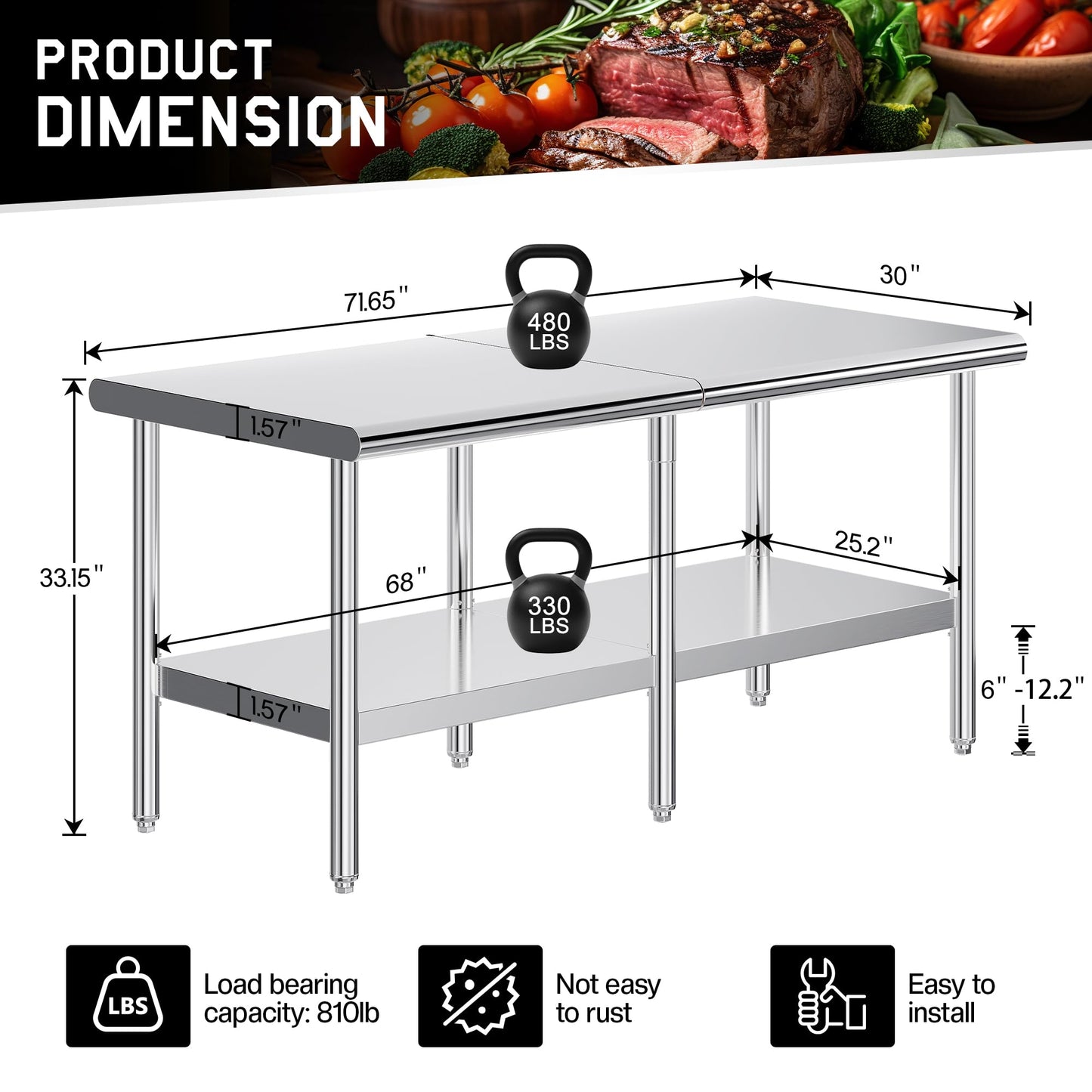 Albott 30x72 Inch Stainless Steel Work Table with Adjustable Undershelf, Heavy Duty Prep Table with Lower Shelf for Kitchen, Restaurant, Home and Commercial Use