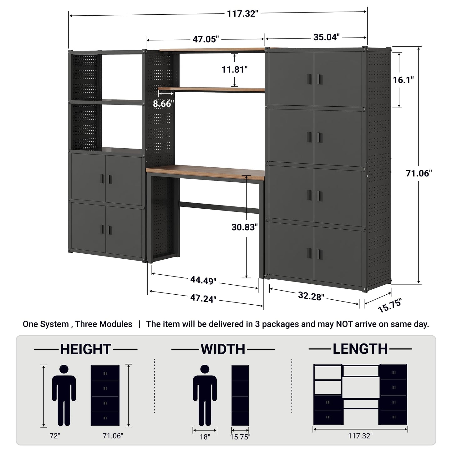 FLEXIMOUNTS Modular Garage Storage Cabinet System, All-in-One Garage Cabinet Set with Workbench & Pegboard, 6-Door with Open Shelf Access Heavy Duty Steel Tool Organization System, Black, FLEXIMOD