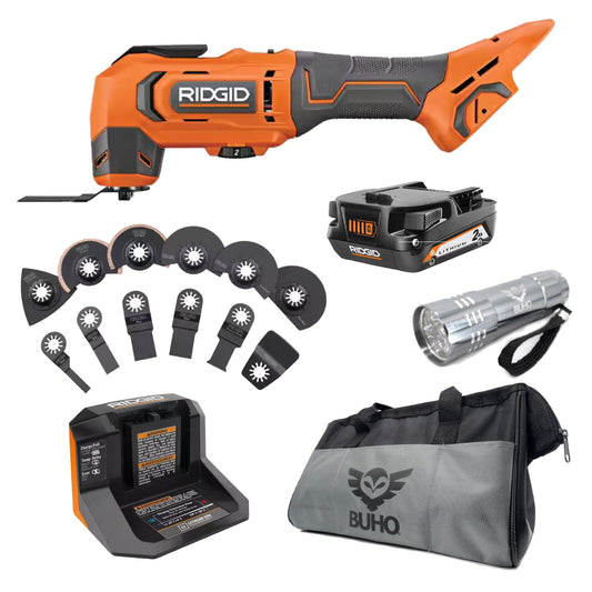 Buho Ridgid 18V Cordless Oscillating Multi-Tool Bundle with 2.0 Ah Battery, Charger, 14-Piece Blade Accessory Kit, Tool Bag & Flashlight