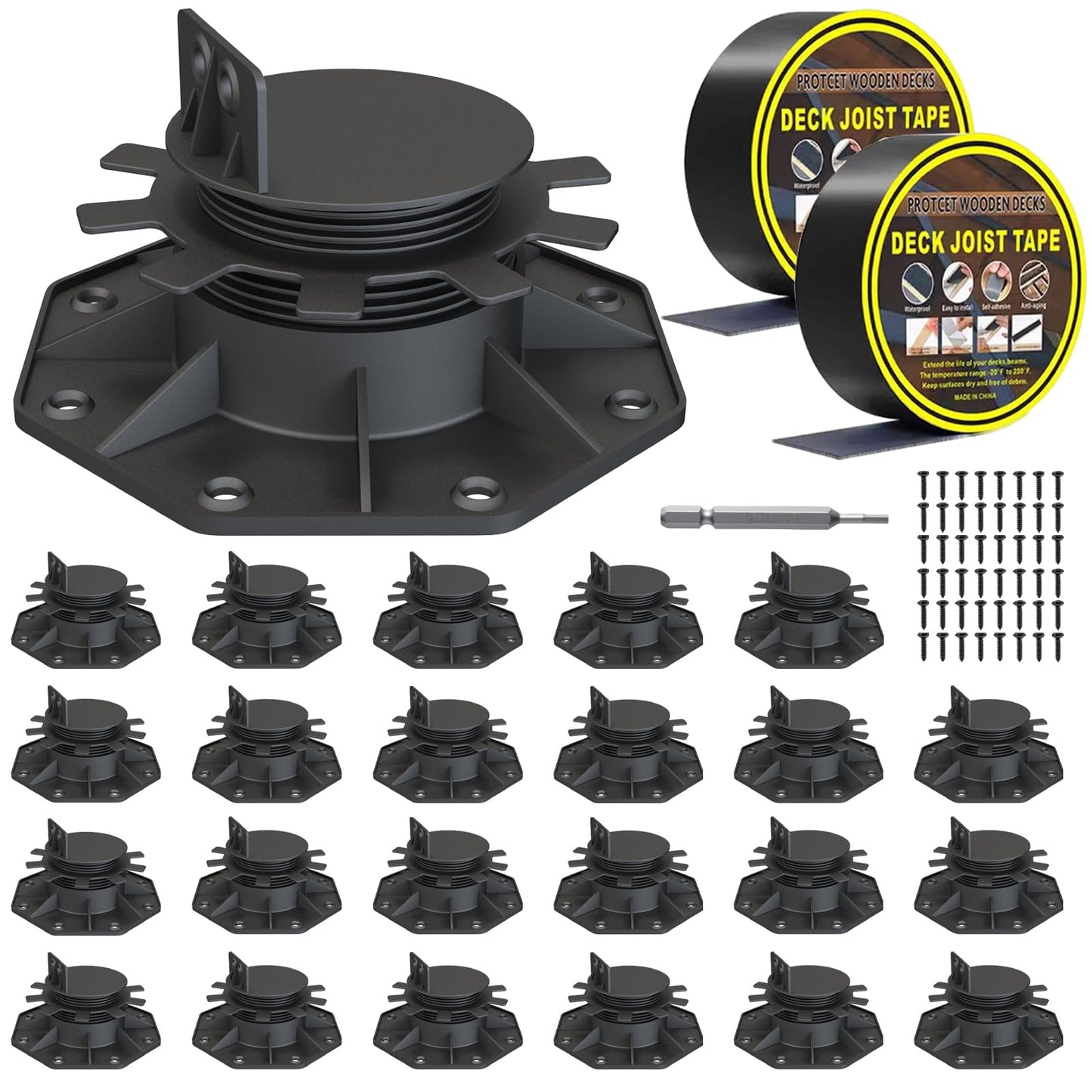 Deckit 24-Pack Adjustable Deck Support Pedestals, 1.18"–2.36" (30–60 mm), for 2×4 & 2×6 Joist Framing, Ground Support & Leveling for Patio, Shed Base & Floating Deck, Includes Joist Tape