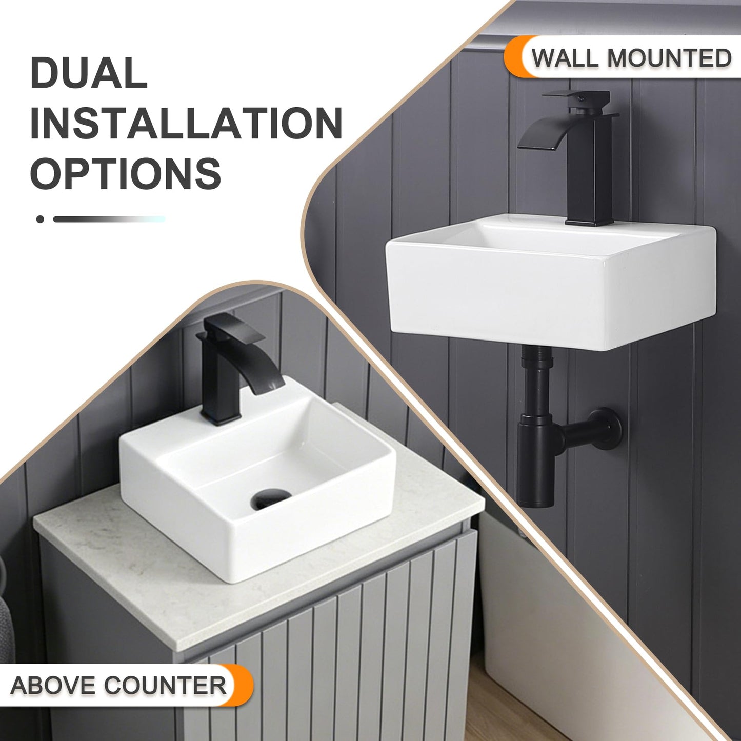 DEHOMEN Rectangle Wall-mount Bathroom Sink 13.3" x 11.5" Compact Ceramic Floating Square Vessel Sink Modern Vanity Classic Lavatory for Small Bathroom,Rvs White