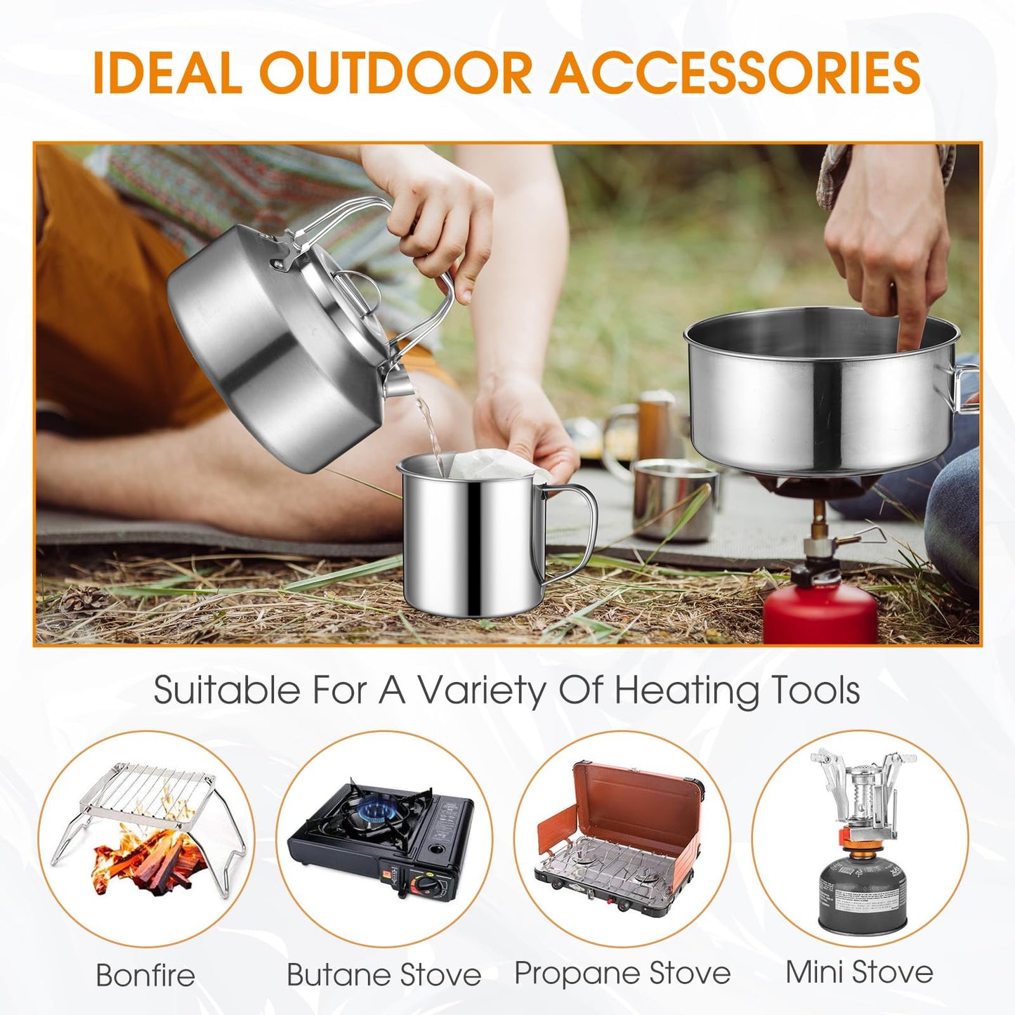 Funnymoom 15 Pcs Camping Cookware Mess Kit Outdoor Cooking Set Stainless Steel with Pot and Pan Kit 2 Set Stainless Steel Cups Plates Forks Knives Spoons for Camping Backpacking Cooking Picnic