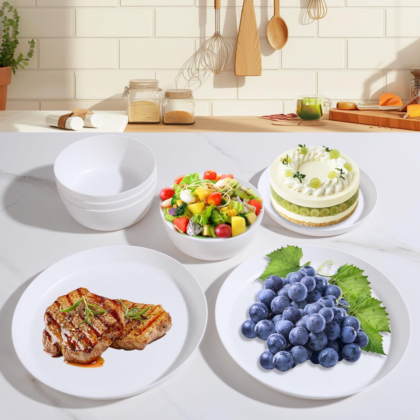 EI 12pcs White Wheat Straw Plates,Wheat Straw Dinnerware Set,Plates and Bowls Sets,Unbreakable Plastic Plate,Plastic Plates Reusable,Dinner Plates Set of 4,Plastic Dishes Set