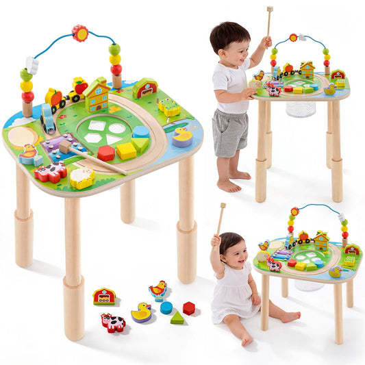 Activity Table for 1 Year Old with Two Height Levels,Wooden Sensory Play Table for Toddlers 1-3,8 in 1 Montessori Learning Toy with Bead Maze, Shape Sorter & Train,Gift for Baby Boys Girls (Farm)