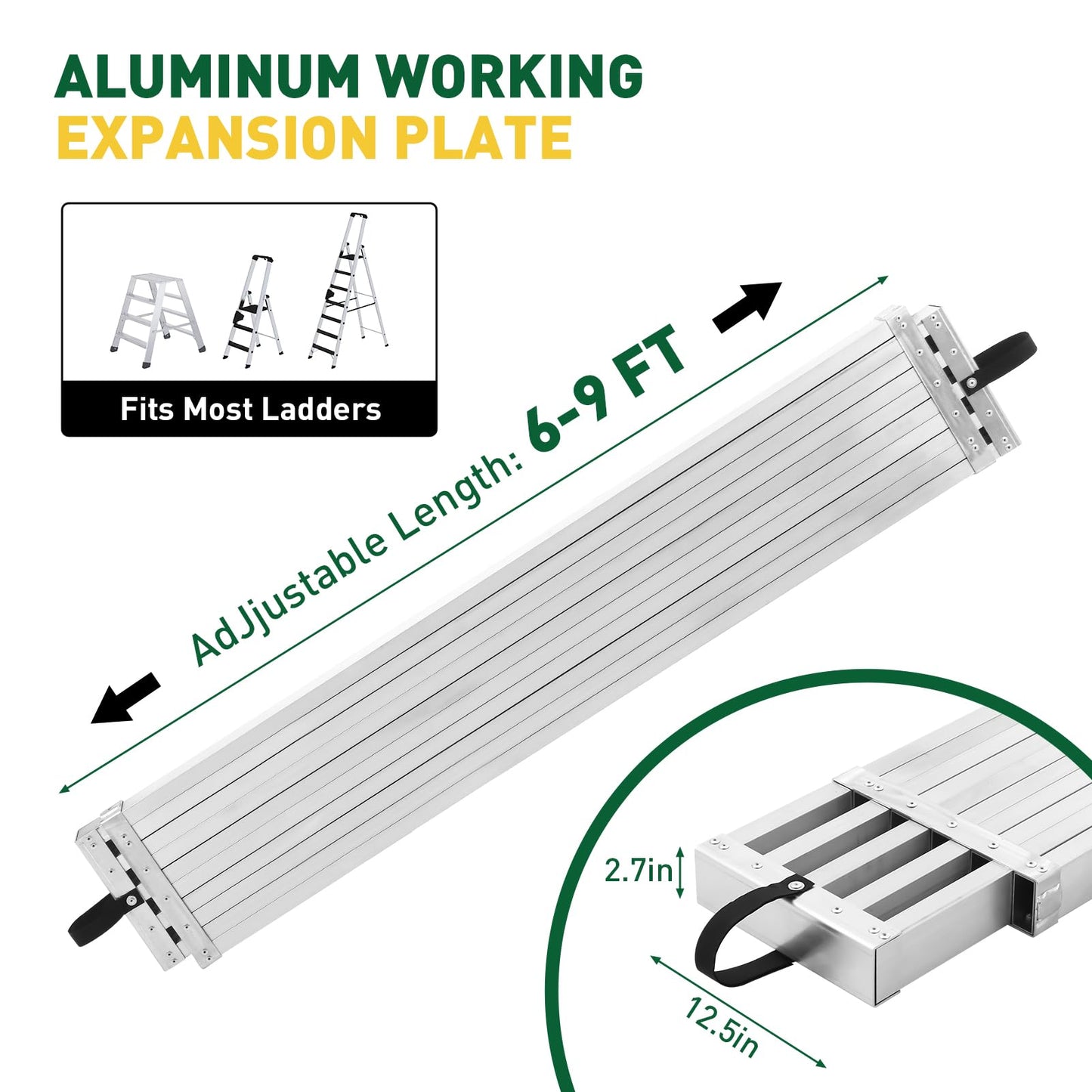 Garvee 6-9FT Aluminum Telescoping Work Plank, 12.5 inch Width Extension Plank, 440Lbs Capacity Extension Boards, Adjustable Scaffolding Plank with Skid-Proof Platform Scaffold Ladder Accessory