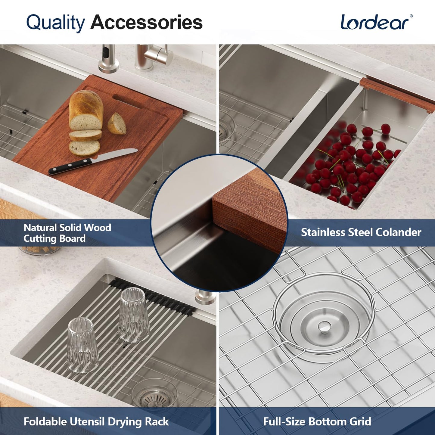 Lordear Undermount Double Kitchen Sink 32 Inch 16 Gauge Undermount Workstation 60/40 Double Bowl Sink Stainless Steel with Smart Low Divider 32x19 Inch Double Basin Kitchen Sinks Handmade