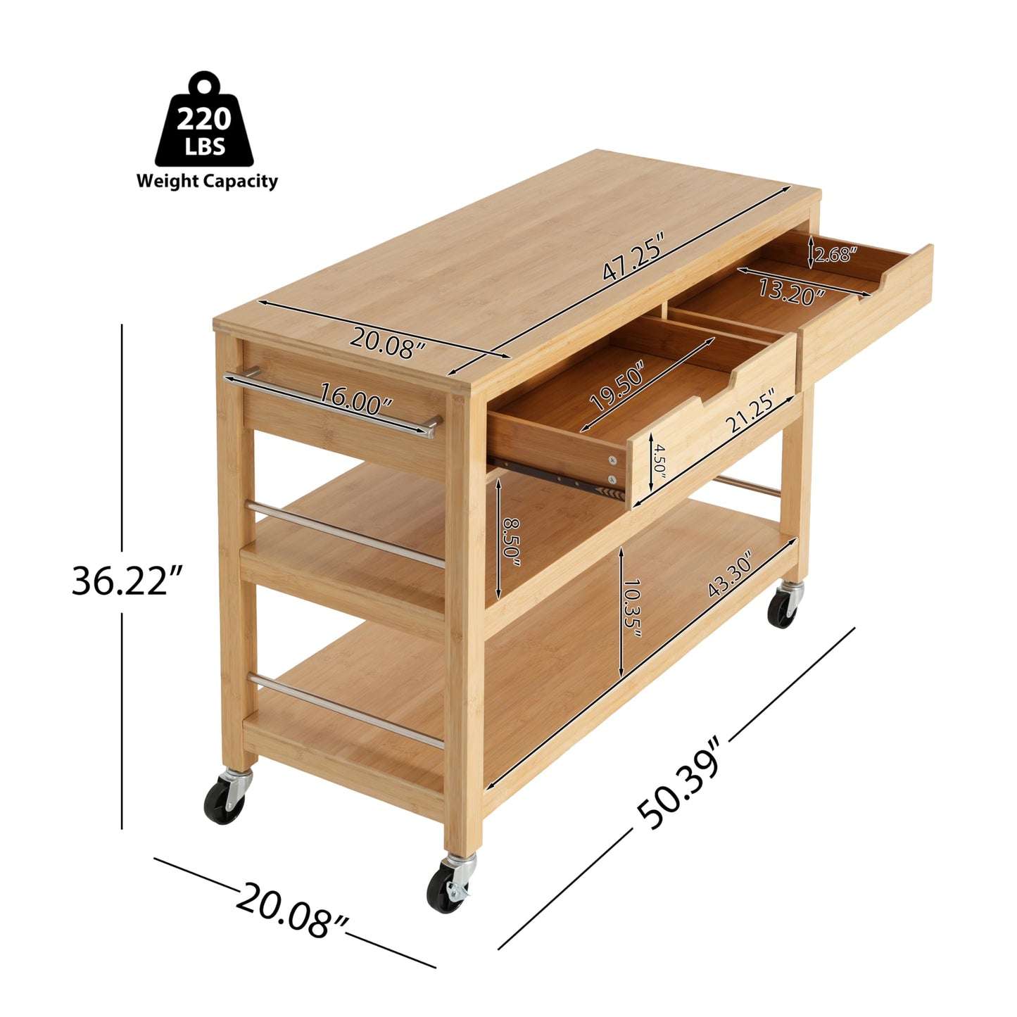 Merax Indoor Multifunctional Natural Bamboo Bar Cart with Locking Wheels, Drawers, and Open Shelves - Ideal for Kitchen, Dining, and Entertaining