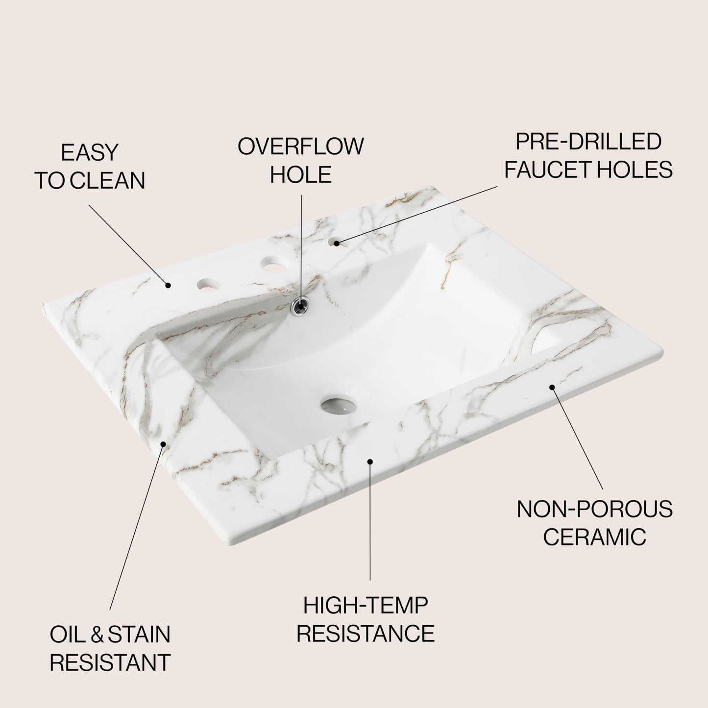 JONATHAN Y SNK1001C Ancillary 3-Hole 24 in. W x 18.25 in. D Classic Contemporary Rectangular Ceramic Single Sink Basin Vanity Top, White Marble Effect