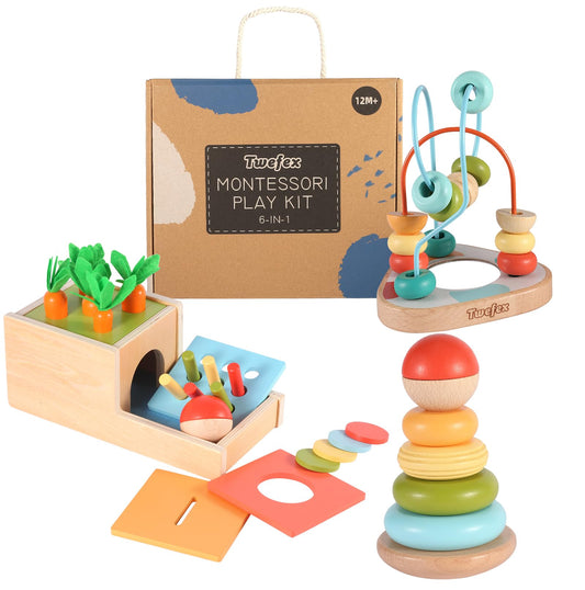 Twefex Wooden Montessori Learning Toys Kit,Babies Toys Set for 1 Year Old, Sensory and Thinking Play kit for Toddlers (Boys and Girls). 4 in 1 Drop Box; Rocking Stacker; Bead Maze.