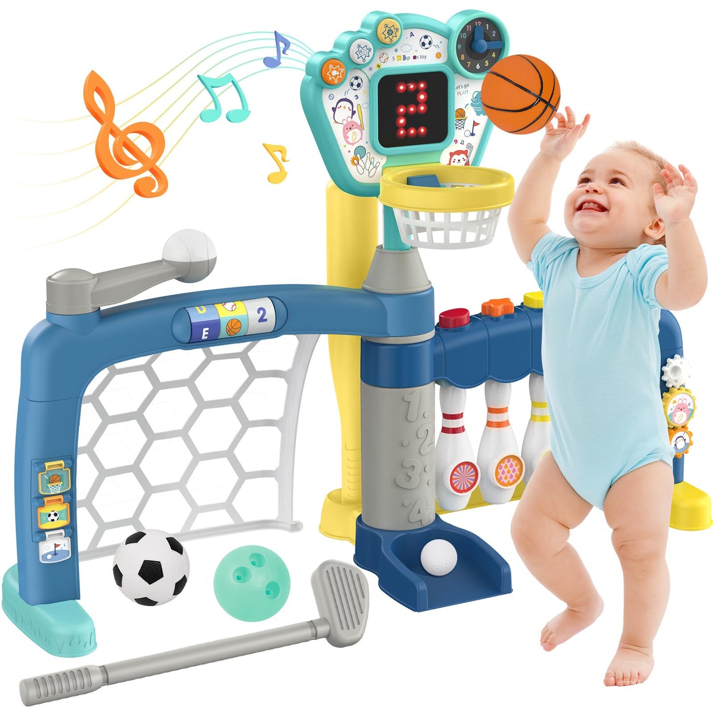 AIGIMU Toddler Sports Toys, 5-in-1 Toddler Basketball Hoop Soccer Bowling Baseball Golf Activity Center, 1 2 3 Year Old Boys Girls Toy, Toys for Toddlers & Baby