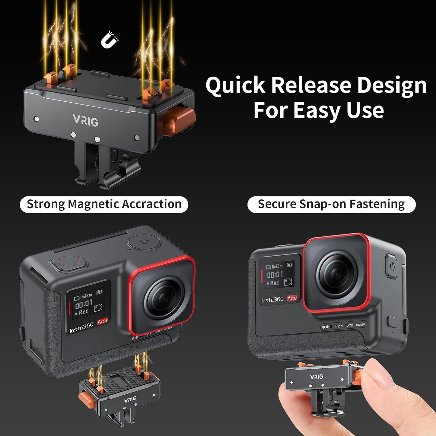 VRIG Select X5 Insta360 Pro2, Insta360 X5/X4 1/4" 2-Prong VRIG Magnetic Quick Release Mount for Ace Aluminum Alloy