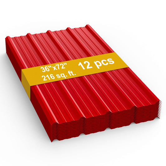 12 Pack PPGI Metal Roofing Panels, 72" x 36", 28 Gauge, 216 Sq. Ft. Coverage, Prepainted Galvanized Steel Sheets for Residential, Commercial, Pergolas, Gazebos, Fencing, and Patio Roofs（Red）