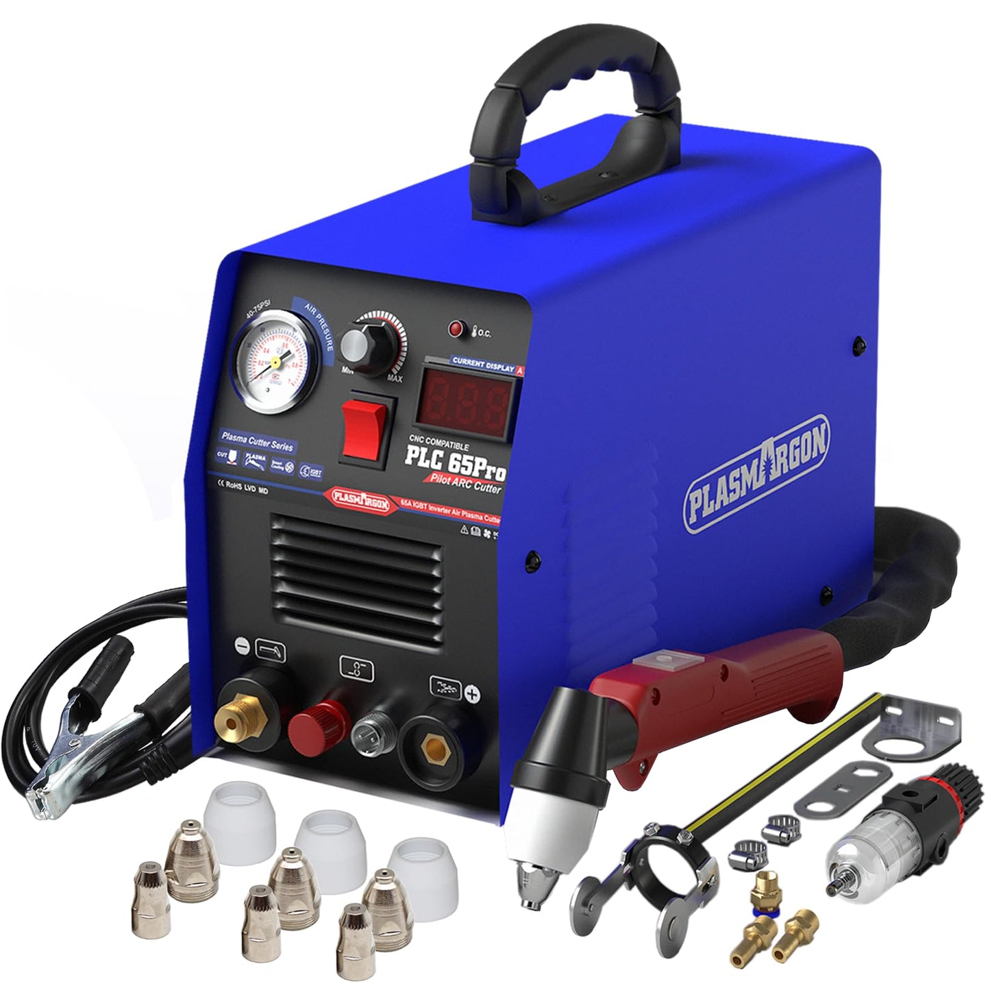 PLASMARGON PLC65Pro Plasma Cutter Machine,65Amps 110V/220V Non-Touch Pilot Arc HF Air Power, Inverter IGBT 3/5'' Inch Clean Cut LED Digital Display Plasma Cutting Equipment
