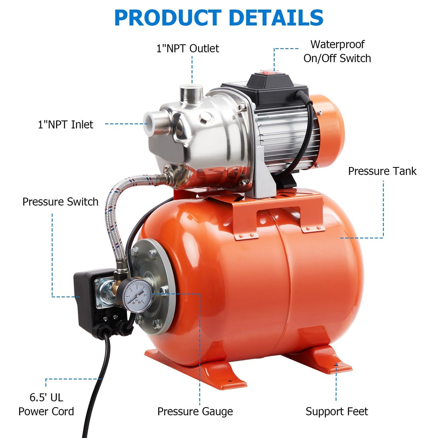 1.6HP Shallow Well Pump with Pressure Tank,1340 GPH Flow Rate, 115V Automatic Pressure Switch, Stainless Steel Well Pump for Home Irrigation, Lawn, Farm, Water Pressure Boosting,Winter Proof Design
