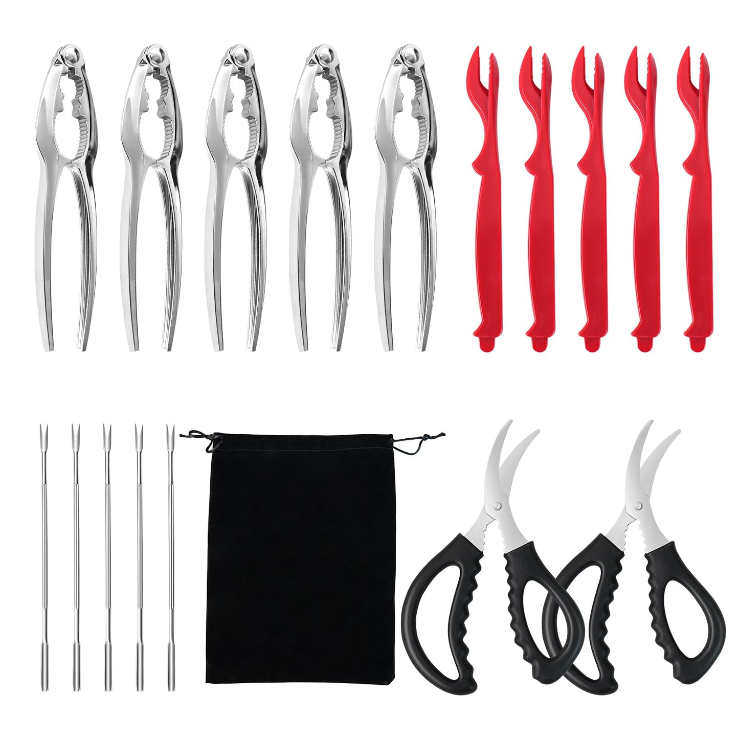 Crab Crackers and Tools,18-Pieces Seafood Tools Set Includes 5 Crab Crackers, 5 Lobster Shellers, 5 Crab Leg Forks/Picks and 2 Seafood Scissors & Storage Bag - Nut Cracker Set