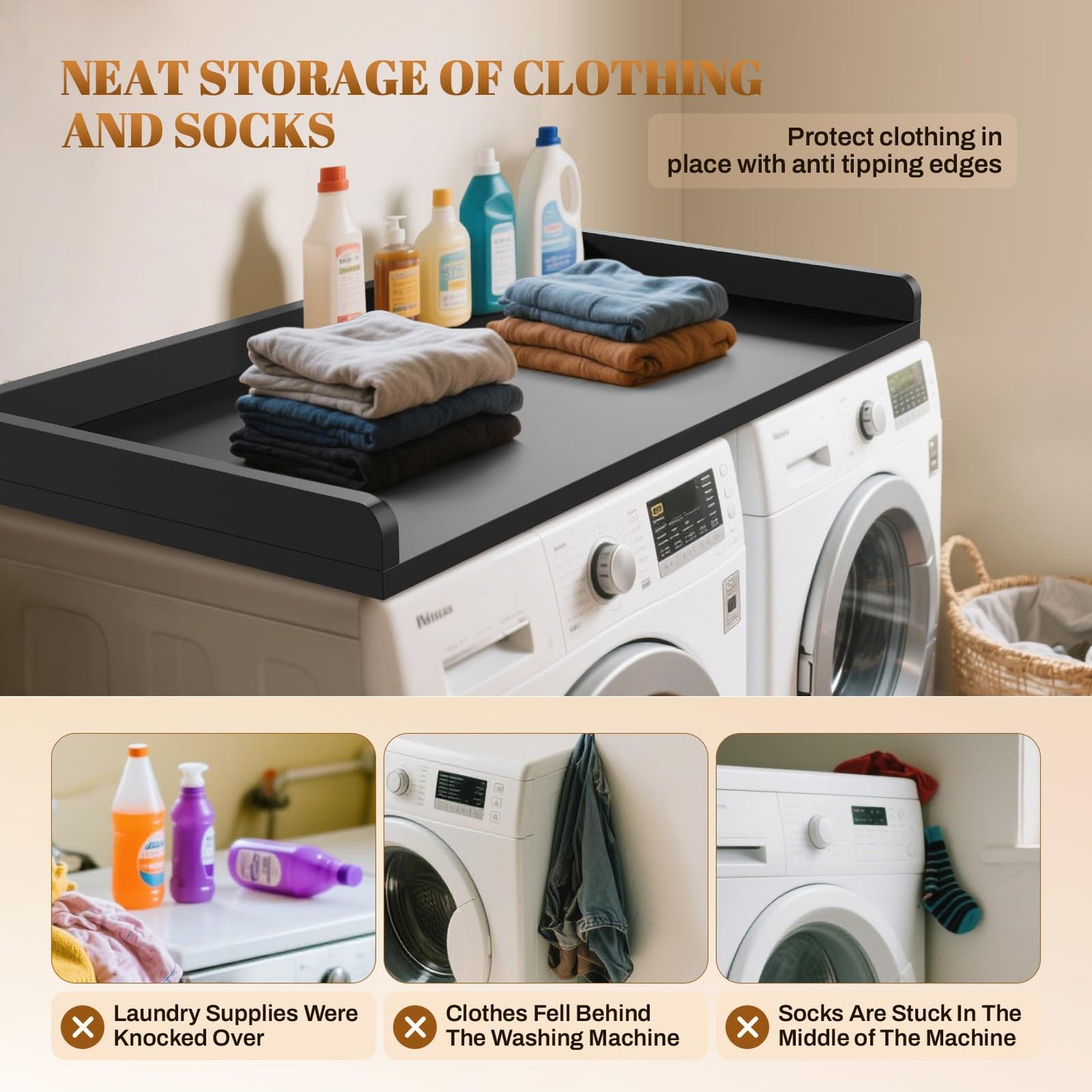 GCCSJ Washer Dryer Countertop, 54" Width x 27.5" Depth Wood Laundry Topper with Edge & Non-Slip Pads for Laundry Room Organization Storage & Clothes Folding, Black