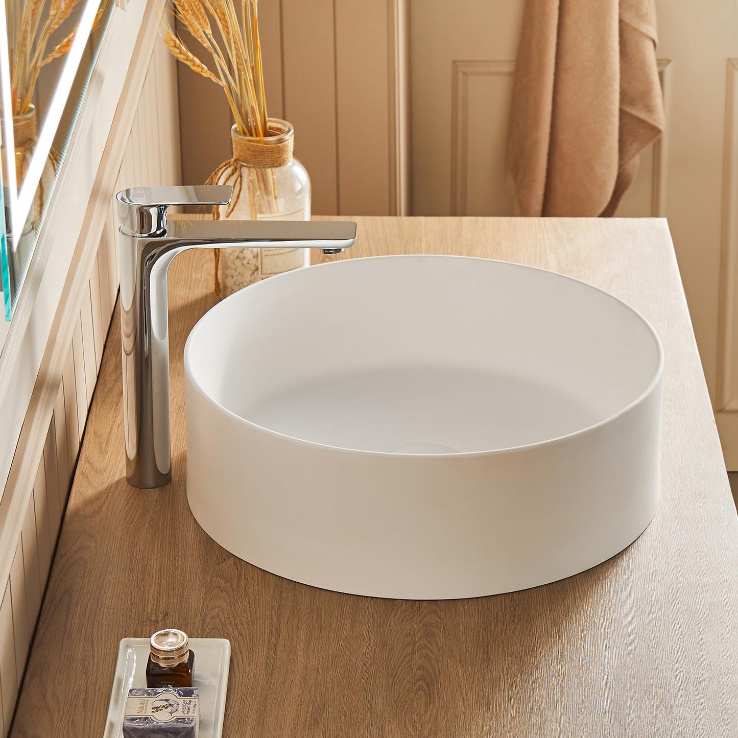 Cpingao 17.7 Inch Round Bathroom Vessel Sink, Above Counter Circle Matte Stone Countertop Modern Sink Art Basin for Lavatory Vanity Cabinet