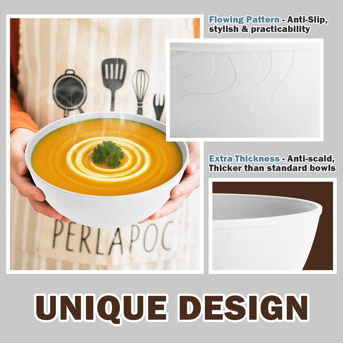 Perlapoc Wheat Straw Cereal Bowls 40 OZ, Unbreakable Bowls Set of 6, Microwave & Dishwasher Safe Bowl for Kitchen, Reusable Plastic Bowl for Cereal, Soup, Salad and Ramen, White
