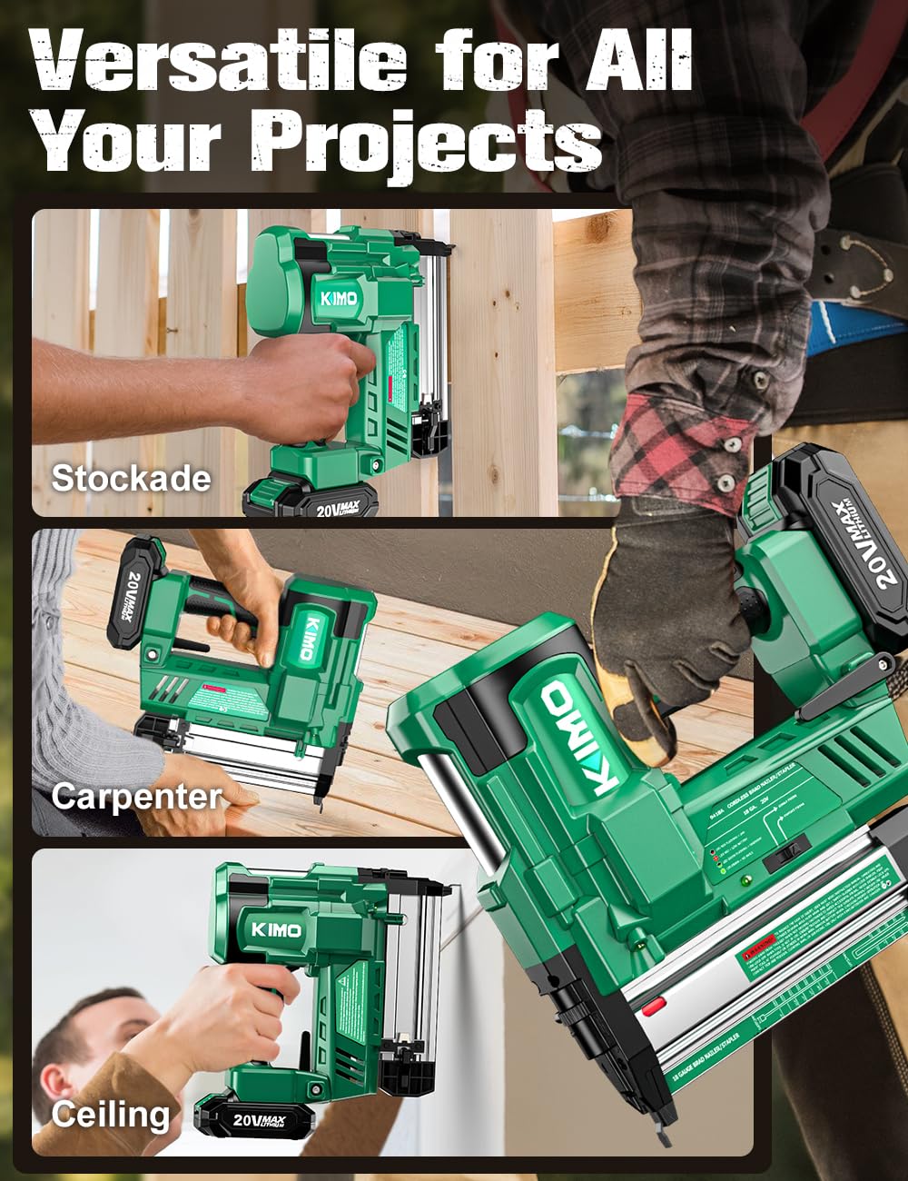 KIMO 18 Gauge Nail Gun Cordless with Battery 2.0Ah X 2, 1000pcs Nails and Staples, 2 Firing Modes, 180 Nails/min, Adjustable Nailing Depth, 2 IN 1 Cordless Brad Nailer and Stapler for DIY Project