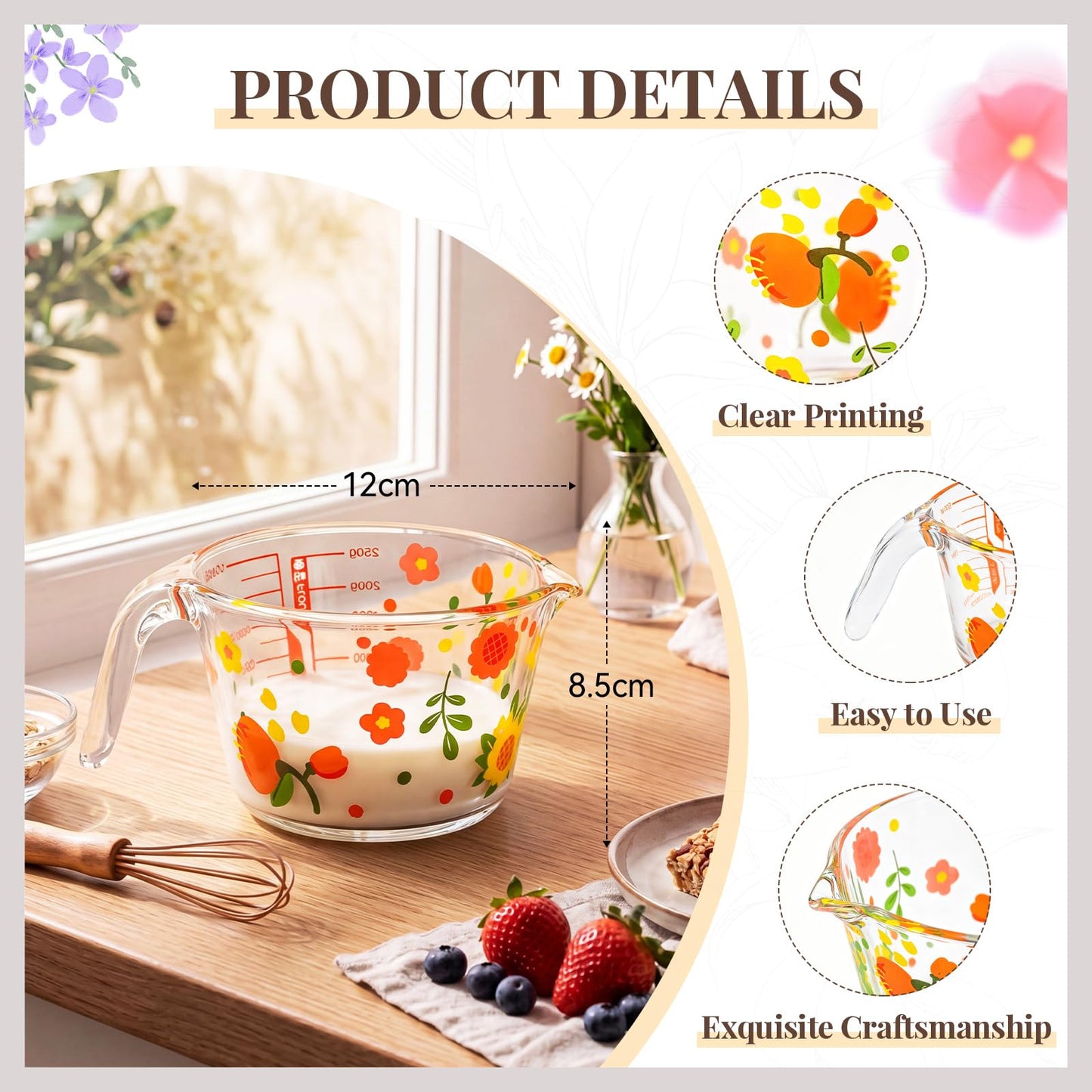 Domensi 17 OZ Floral Glass Measuring Cup with Handle and Pouring Spout Clear Milk Cup for Kitchen Baking, Heat Resistant Glass Pitcher for Coffee Tea Microwave Safe Milk Jug(Cute Floral)