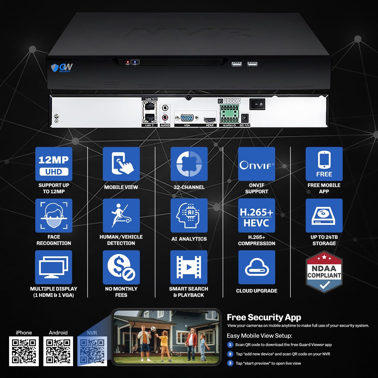 GW Security 32 Channel 12MP NVR UltraHD License Plate/Face Recognition NDAA & TAA Compliant Security Camera System with 24 x 5MP Outdoor & Indoor Color Night Vision Two-Way Audio PoE Dome Cameras