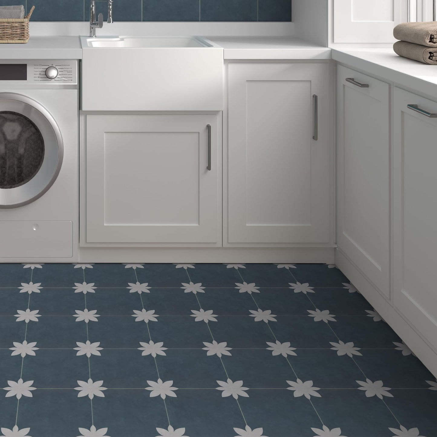 INNO STCIEKRS 16-Sheet Peel and Stick Floor and Wall Tile for Bathroom Kitchen, 9" x 9" Blue Flower SPC Self-Adhesive Vinyl Flooring Patterned Groutable Backsplash Tile, Covers 9.12 Sq Ft.