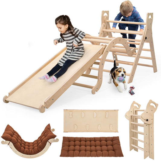 INNOPLAY Large Foldable Toddler Climbing Toys Indoor Jungle Gym, Pikler Triangle Set with Cushion, S-lide and Arch, 7-in-1 Montessori Climbing Set(1.5-6yrs)