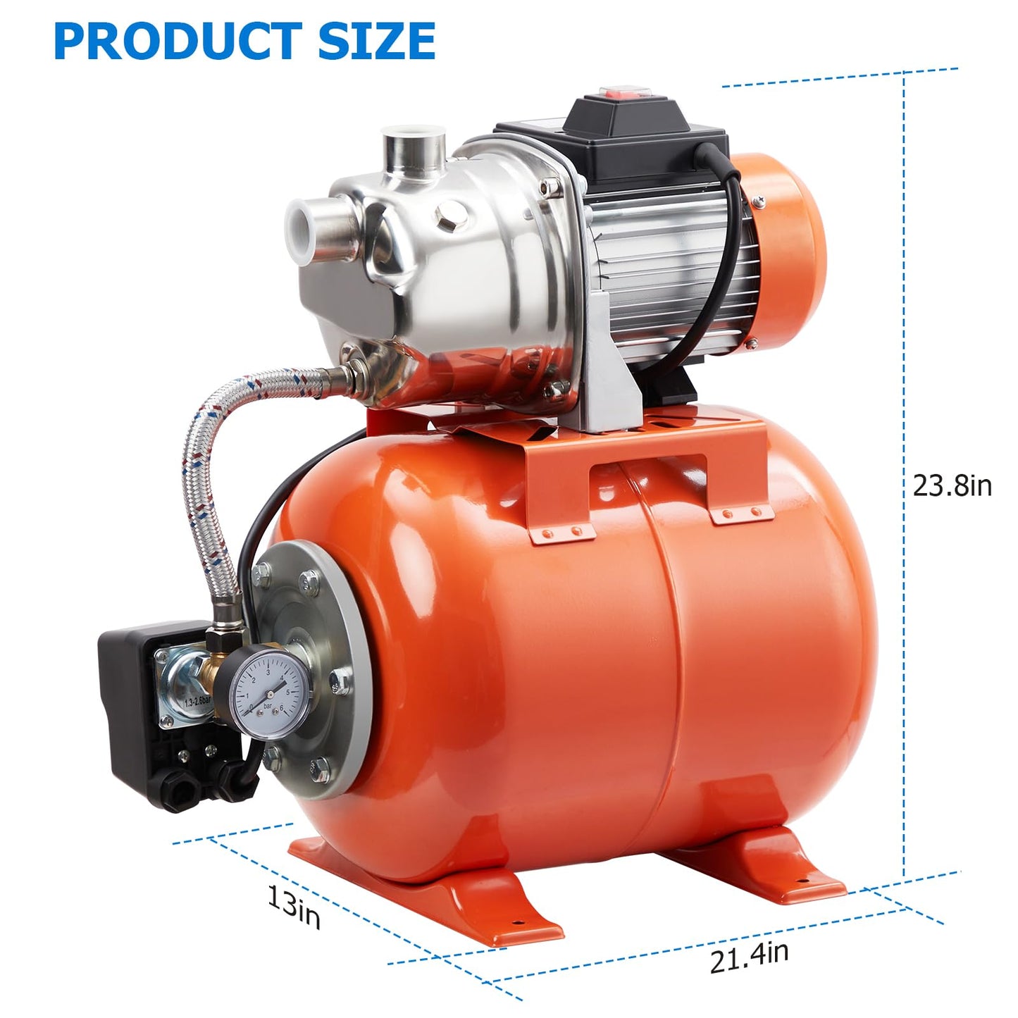1.6HP Shallow Well Pump with Pressure Tank,1340 GPH Flow Rate, 115V Automatic Pressure Switch, Stainless Steel Well Pump for Home Irrigation, Lawn, Farm, Water Pressure Boosting,Winter Proof Design