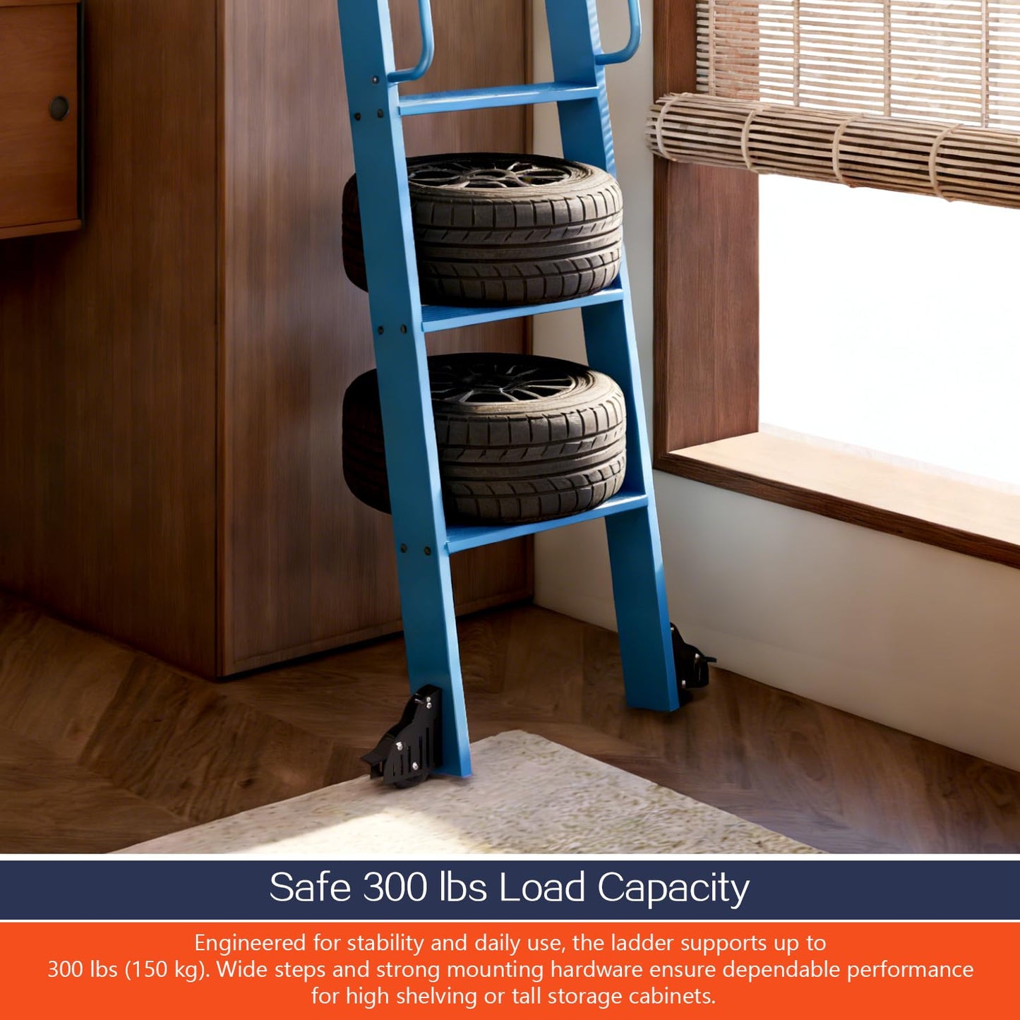DIYHD 87" Lightweight Sliding Library Ladder with Handrail, Rolling Bookshelf Ladder with 4FT Rail System, Telescopic Top Hook, Upright Space-Saving Storage Design, 7 Steps, 300 Pound Capacity, Blue