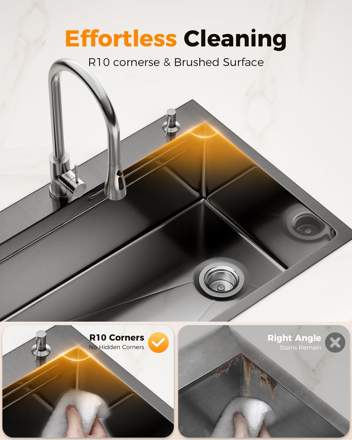 CAMMOO 33X22 Drop In Kitchen Sink, Nano 304 Stainless Steel Workstation Sink, Pop-Up Drain, Upgraded Fast Drain & Anti-Clog, Topmount Single Bowl with Accessories, Foldable Grid, black sink