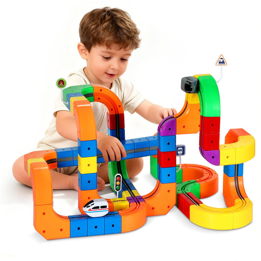 Electric Train Set for Kids Flexible Race Track Toy DIY 3D Embedded Layouts & Motorized Car 3-8 Year Old Boys Girls Toys STEM Learning Gift (123Pcs,2 Car)