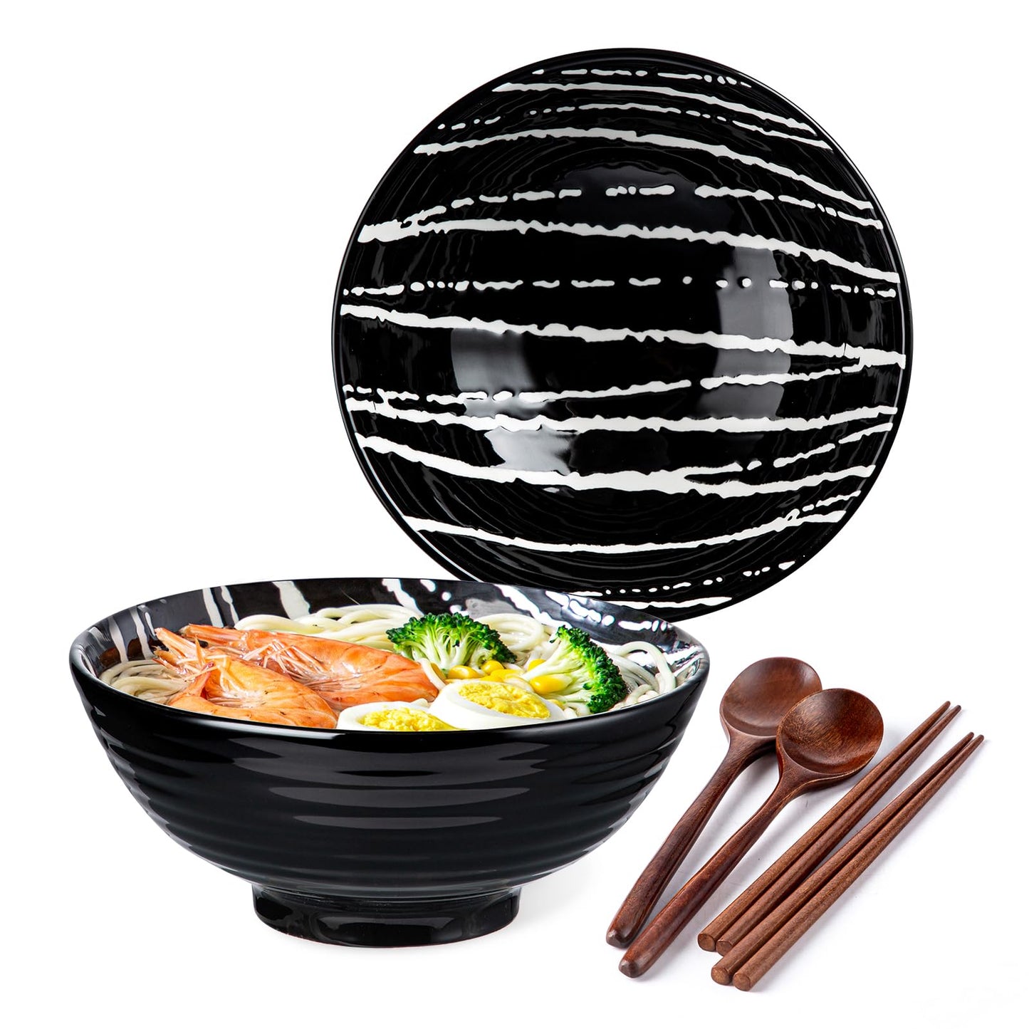 YUN TAO Ceramic Ramen Bowls Set of 2, 40 oz Large Japanese Style Serving Bowls for Salad,Udon, Soba, Pho,Pasta, Asian Soup Noodle with Spoons and Chopsticks (Black)