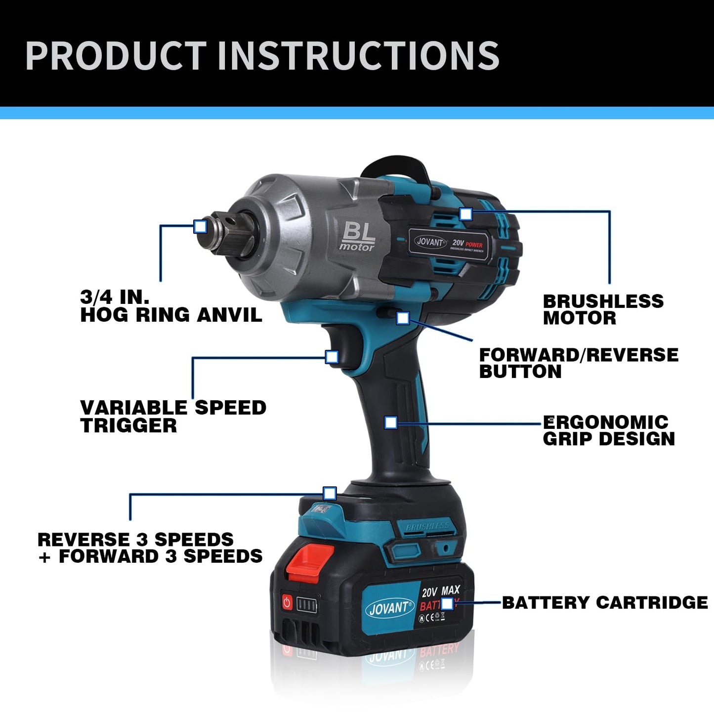 jovant Cordless Impact Wrench Kit, 20V MAX 3/4 Impact Gun, 1474Ft-lbs(2000N.m) Brushless Impact Wrenches, Power Wrench with 6-Mode Speed, 2x4.0Ah Batteries Cordless Impact Driver for Car/Mower
