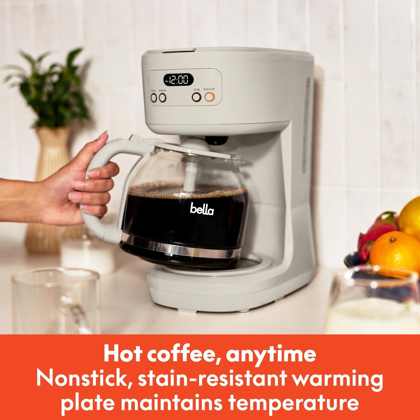 BELLA 12 Cup Programmable Coffee Marker, Reusable Dishwasher Safe Accessories, Easy LCD diaply, Auto Shutoff, 900 watt, Oatmilk