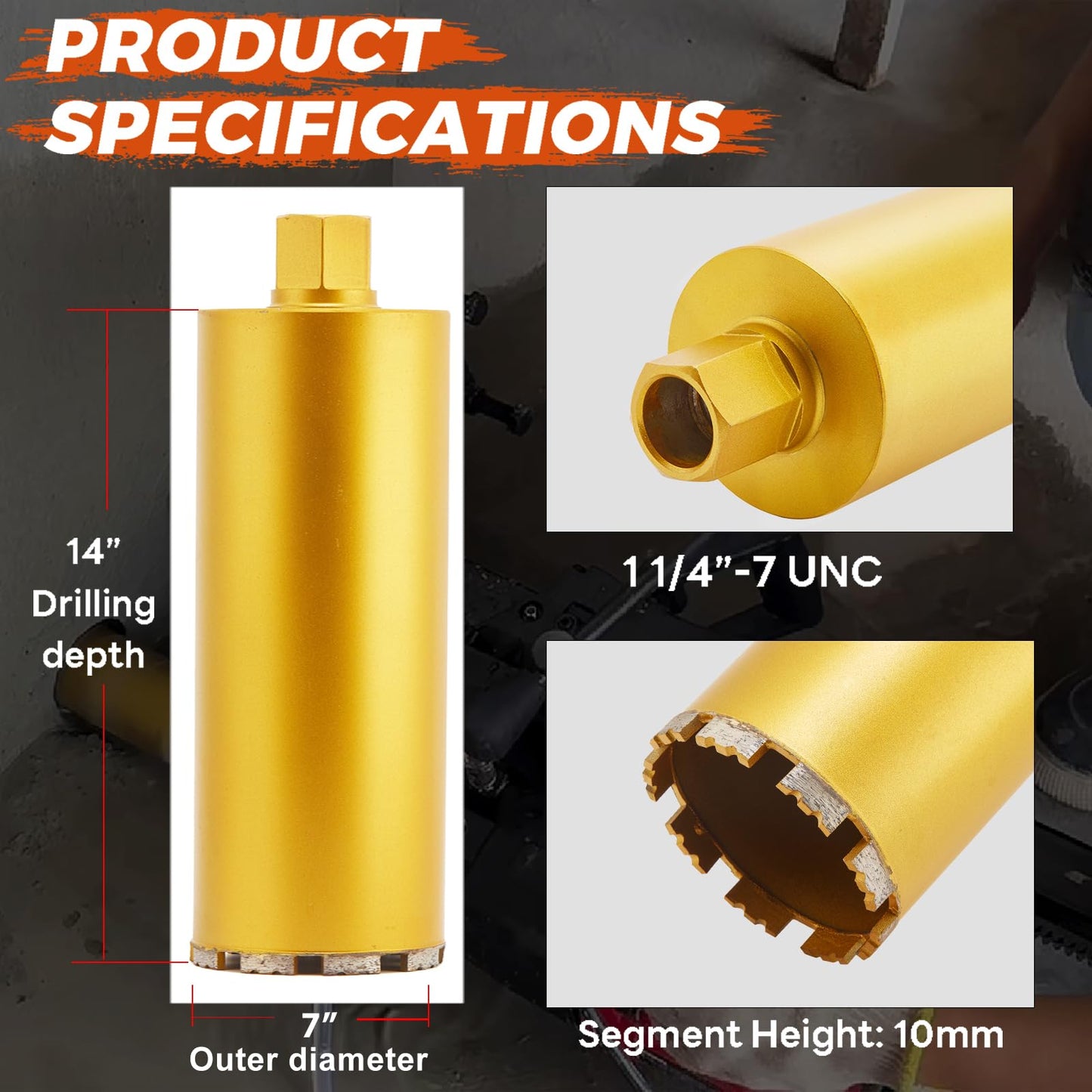 DaduoRi 7" Wet Core Drill Bit with Water Injection Capable Adapter for SDS Plus Shank - Includes Solid Brass Quick Connector and Hose - Convenient 1 1/4"-7 Thread Core Bit with Water Feed Design