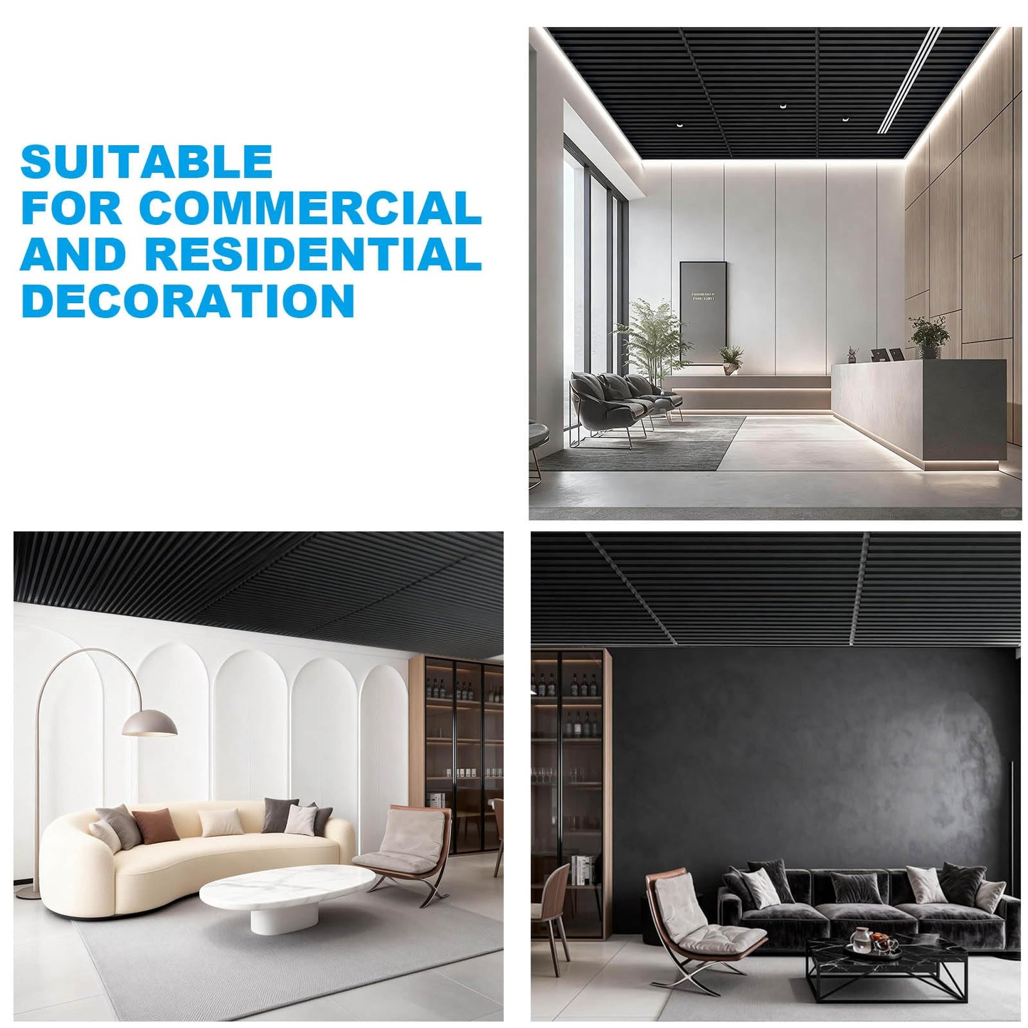 Ceiling Panel 2x4 Feet, PVC Decorative Ceiling Covering Panel, 3D Striped Wall Panel Indoor Wall Decoration, 12 Piece Pack Waterproof Ceiling Panel for Office/Basement/Kitchen/Recording Studio,Black