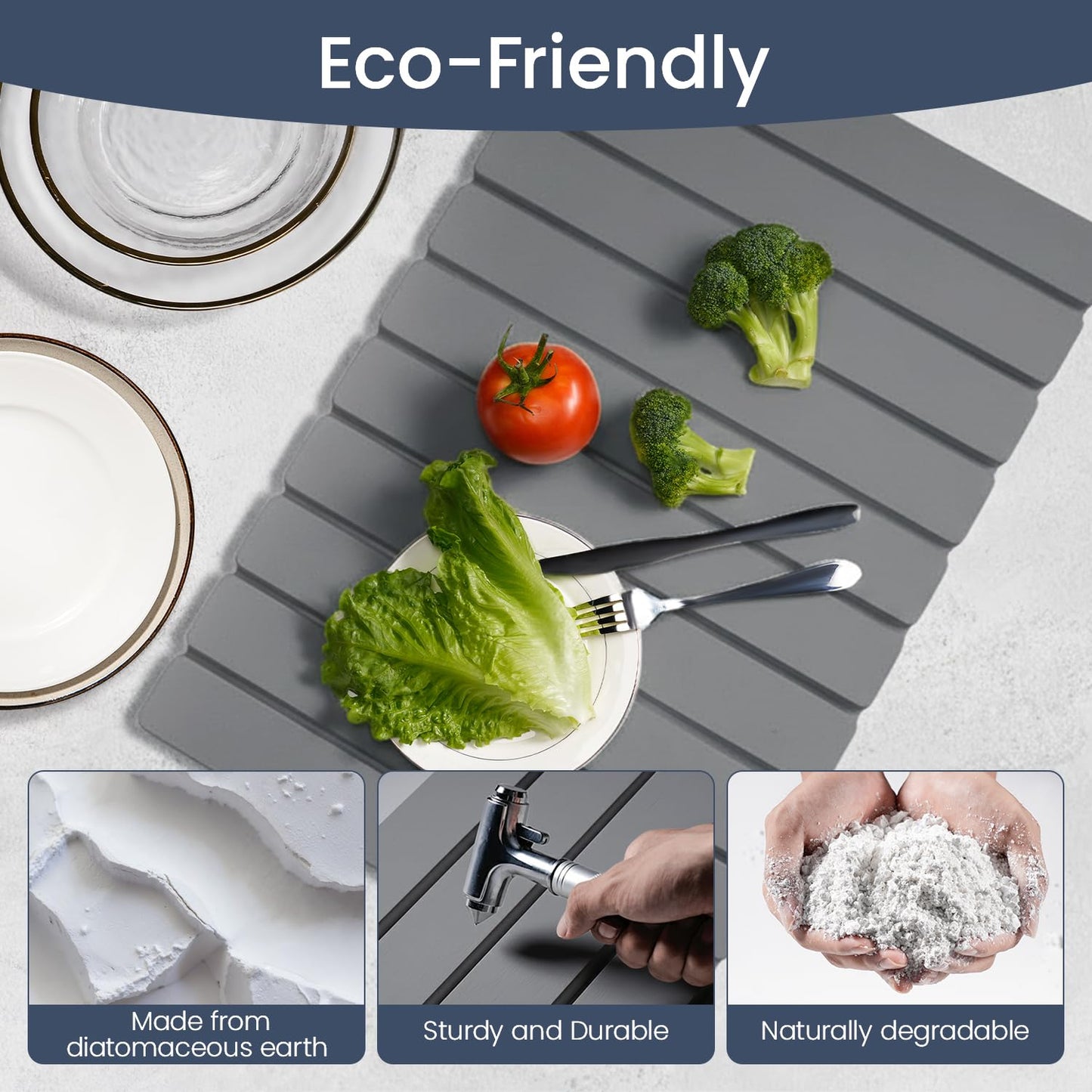Meowoo Stone Drying Mat for Kitchen Counter, 15.7"x11.8" Foldable Diatomaceous Earth Mat, Super Absorbent, Quick-Dry Bath & Kitchen Pad for Dishes, Cups, Non-Slip, Fits Any Countertop - Dark Gray