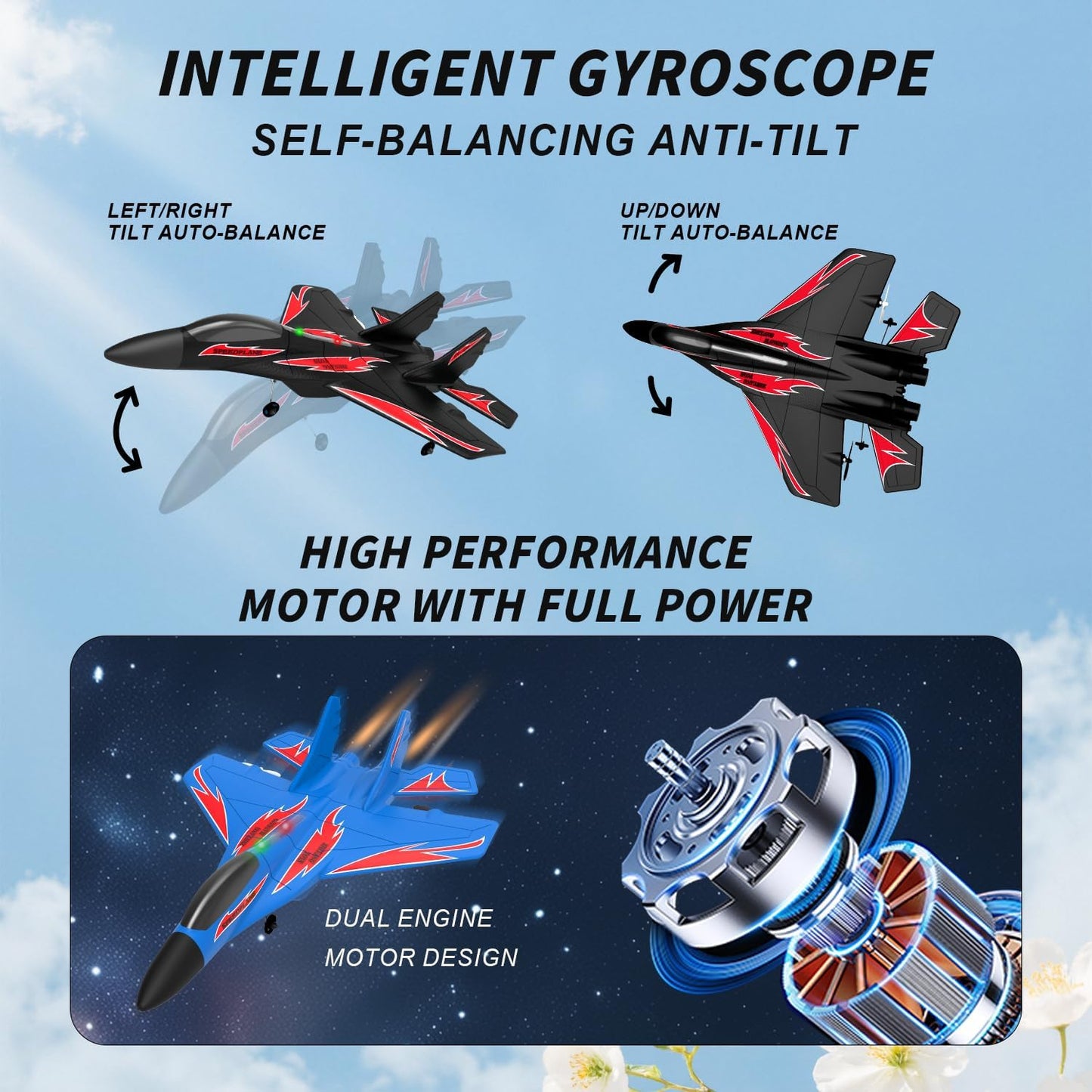 QFCST Foam Remote Control Wireless Airplanes RC Planes, Remote Control Fighter Toys, 2CH 2.4Ghz RC Fighter Jet with Light, Hobby Rc Airplanes Easy to Fly for Kids Boys Adults(Black)