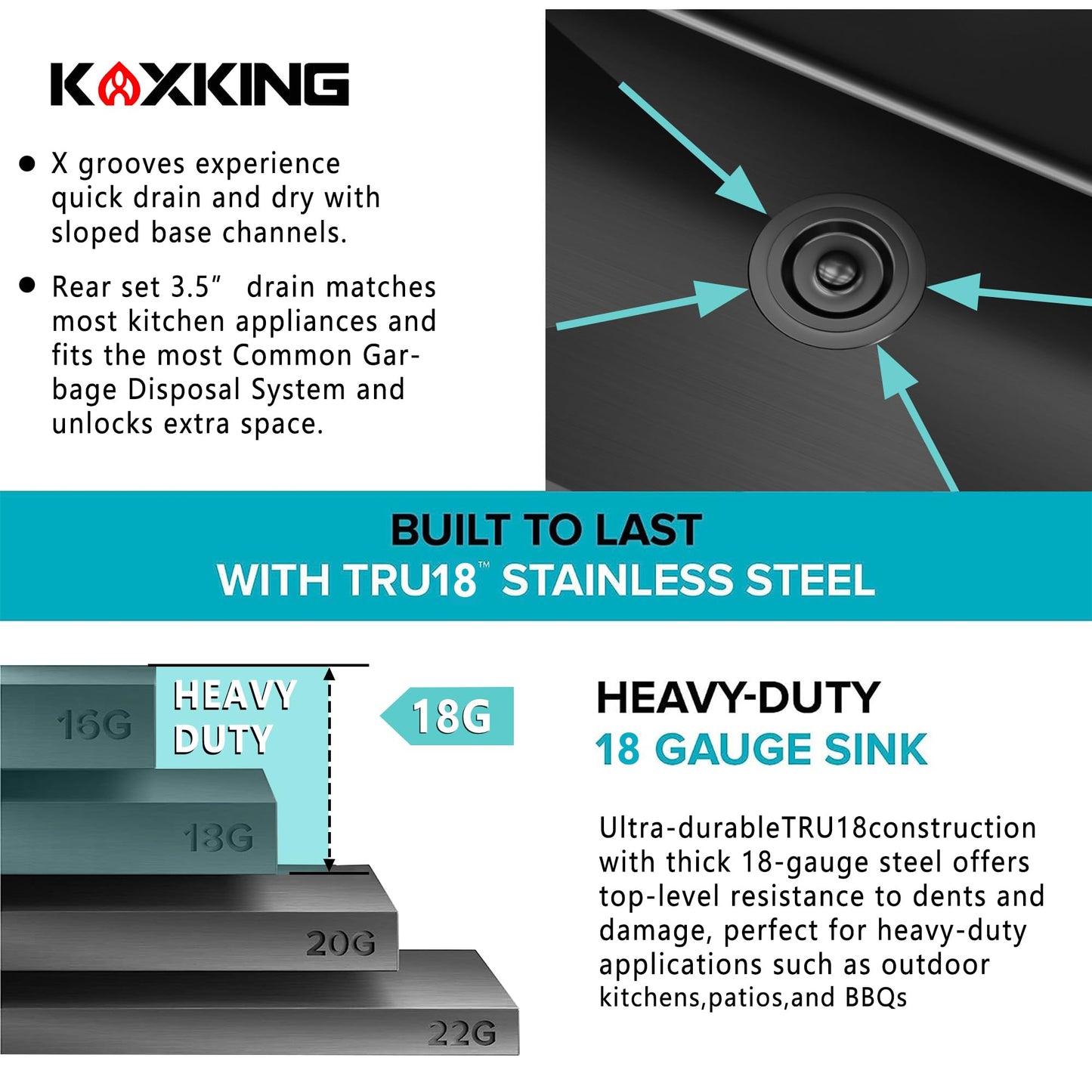 KOXKING 33x22x9 Inch Drop In Deep Single Bowl Kitchen Sink (Topmount), 16 Gauge SUS304 Stainless Steel Black Modern Handmade Sink