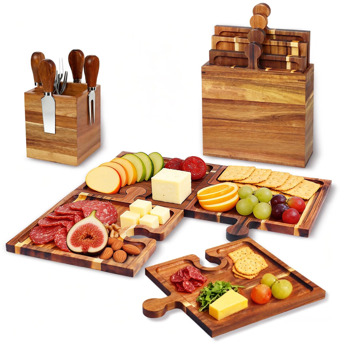Wooden Charcuterie Boards Set of 4, Cheese Board Platter, Charcuterie Tray Serving Platter, Acacia Wood Serving Board Appetizer Tray with Mag Storage Holder, for Hosting Entertaining Party Birthday