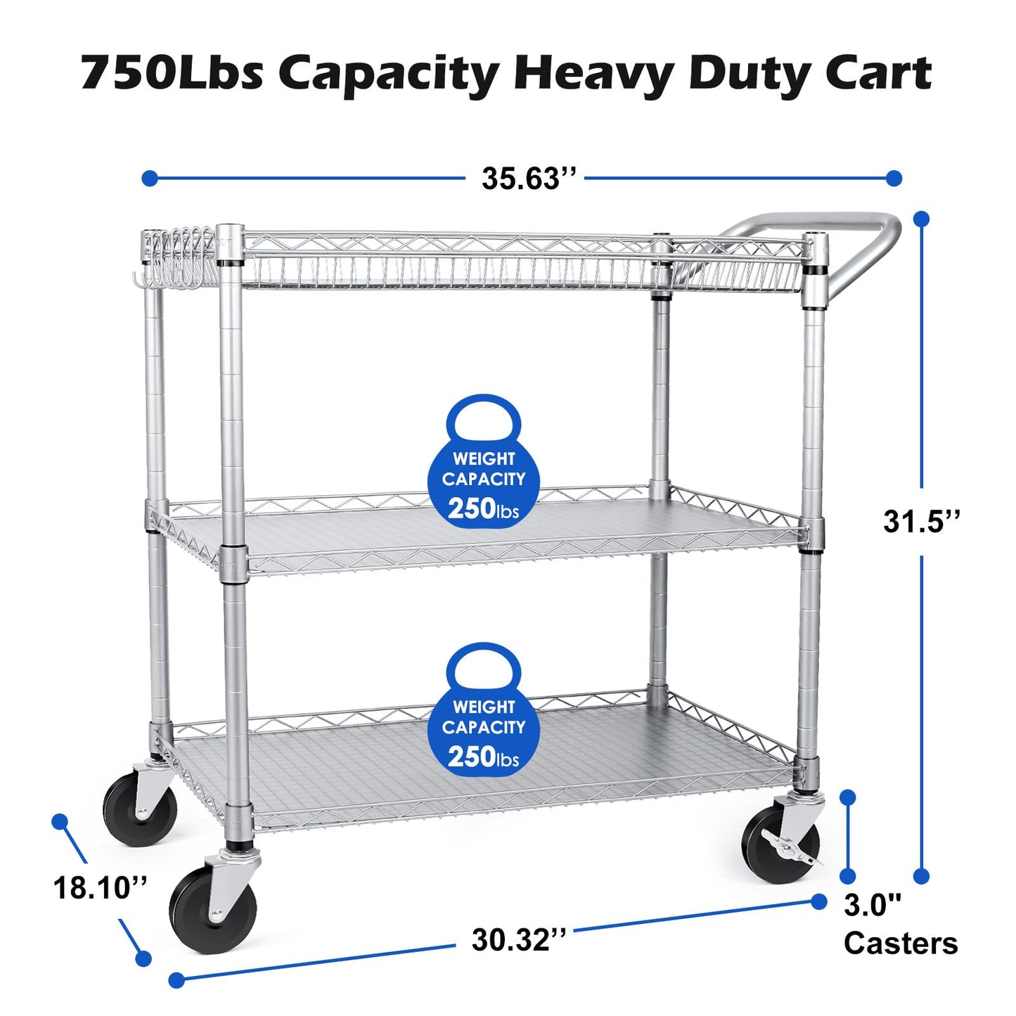WDT Heavy Duty 3 Tier Utility Cart,Wire Rolling Carts with Wheels, Commercial Grade Service Cart with Shelving Liners and Handle Bar Metal Carts for Kitchen Office Hardware