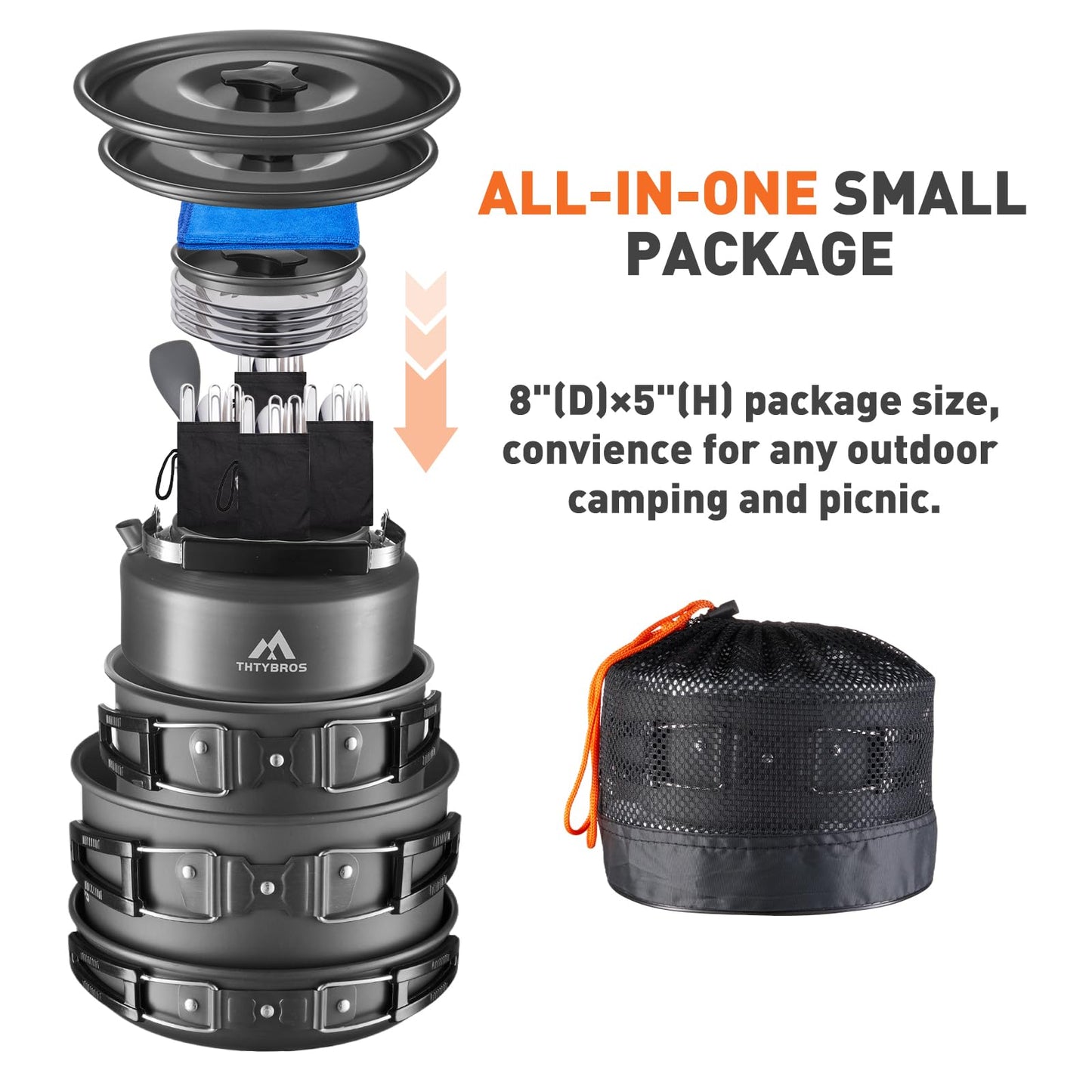 THTYBROS 27pcs Camping Cookware Mess Kit for 2-4 People, Portable Cookware Set with Kettle, Pots & Pans, Stainless Steel Utensils, Plates, Dishware for Backpacking, Picnic, Outdoor Adventures