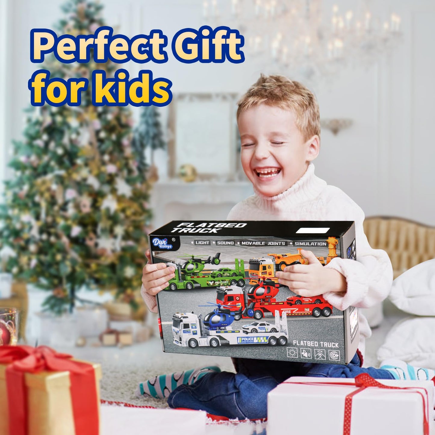 DWIRCTOYS Kids Toys for Ages 3 4 5 6 7 8 Years Old Boys, 25" Large Fire Semi Truck with Helicopter & Race Car, Friction Powered Vehicle with Lights & Sounds,Birthday Gift for Boys Girls
