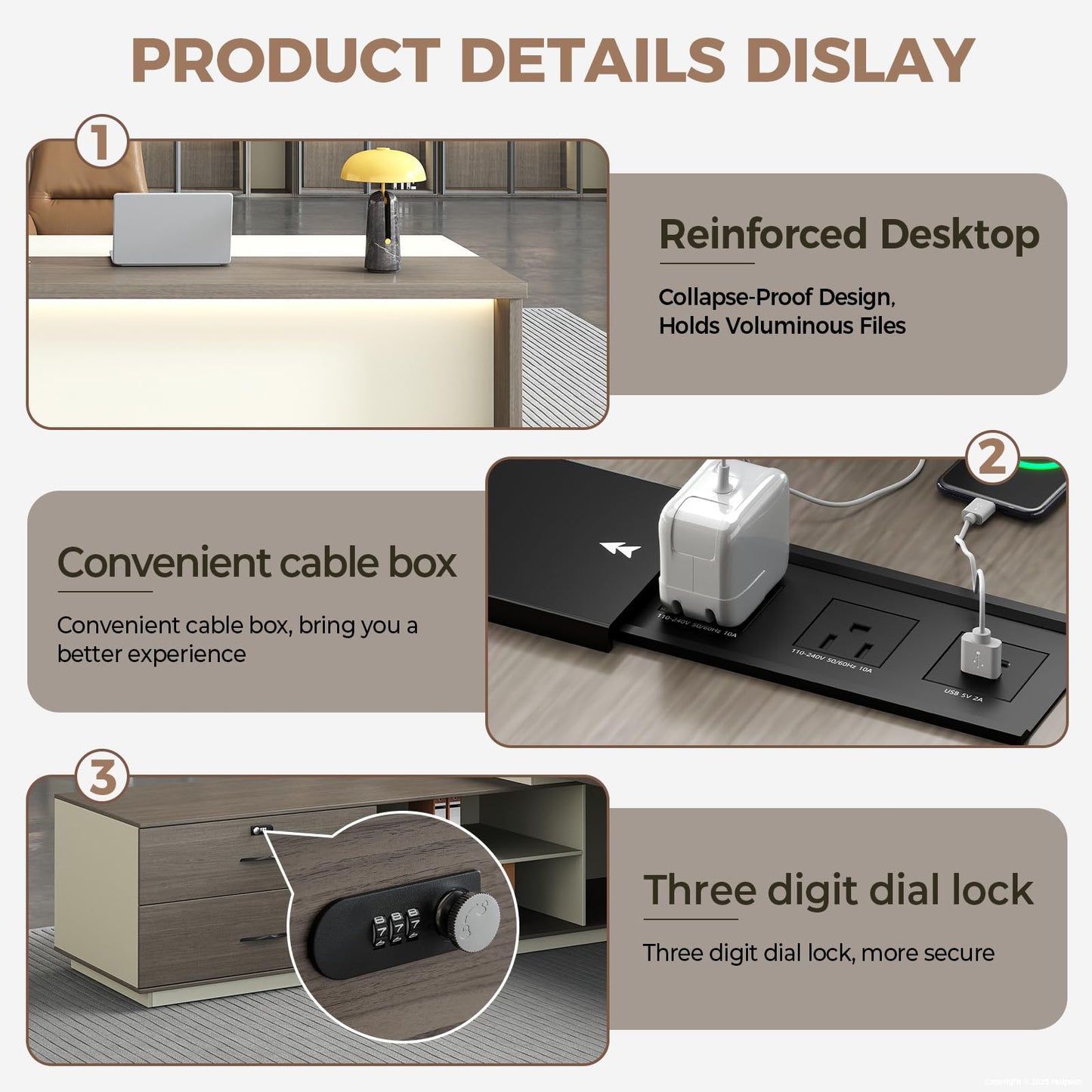 79-Inch L Shaped Executive Desk with Drawers, Large Modern Office Desk with Storage Shelves, LED Lighting, Built-in Power Outlet & USB Ports, Home Office Desk, Smoked Oak & Cream White, Right Return