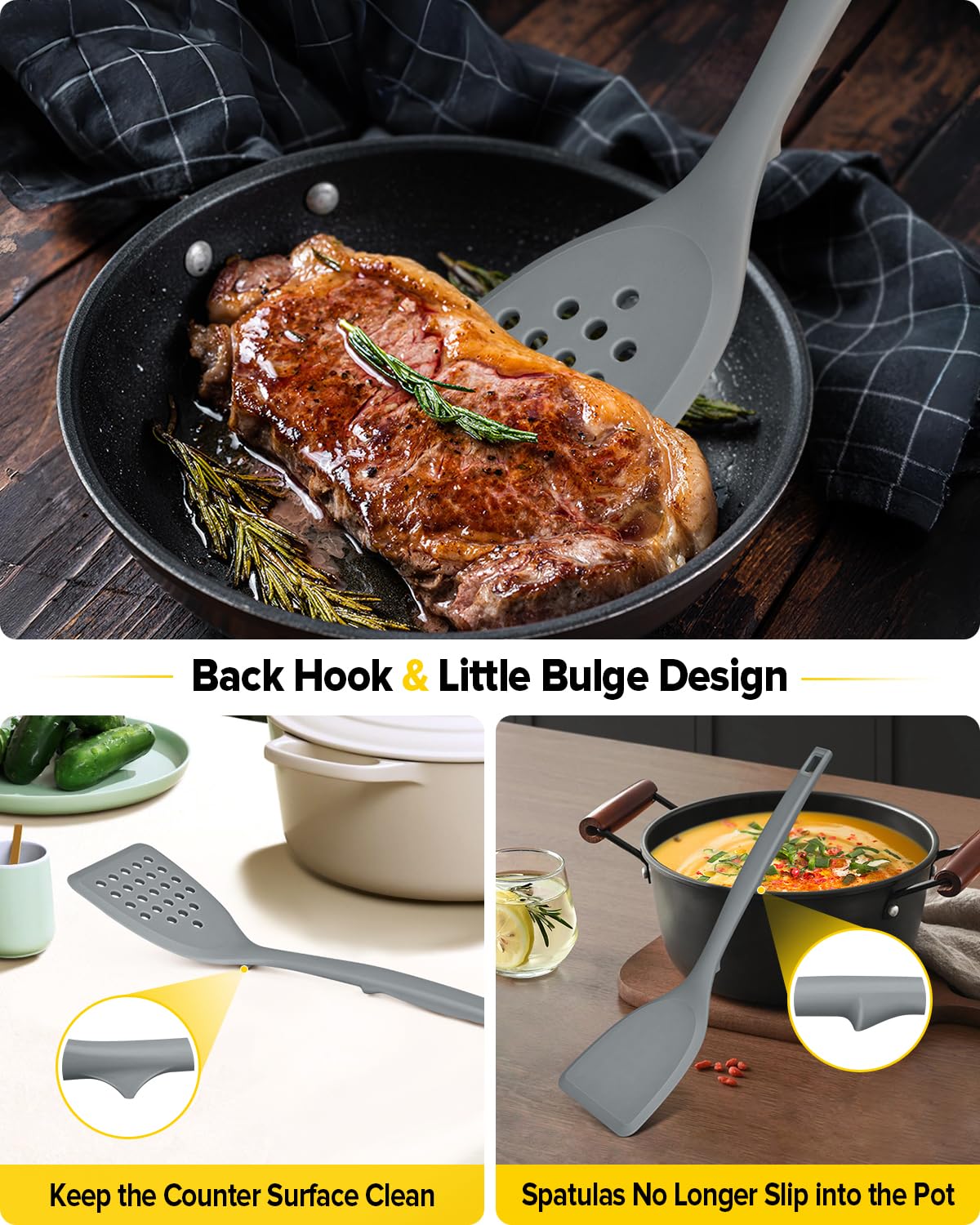 Pack of 2 Silicone Spatula Turner, Non Stick Kitchen Spatulas Set with Back Hooks, Heat Resistant BPA Free Kitchen Utensils, Suitable for Flipping Fish, Eggs, Steak, Pancakes(GRAY)