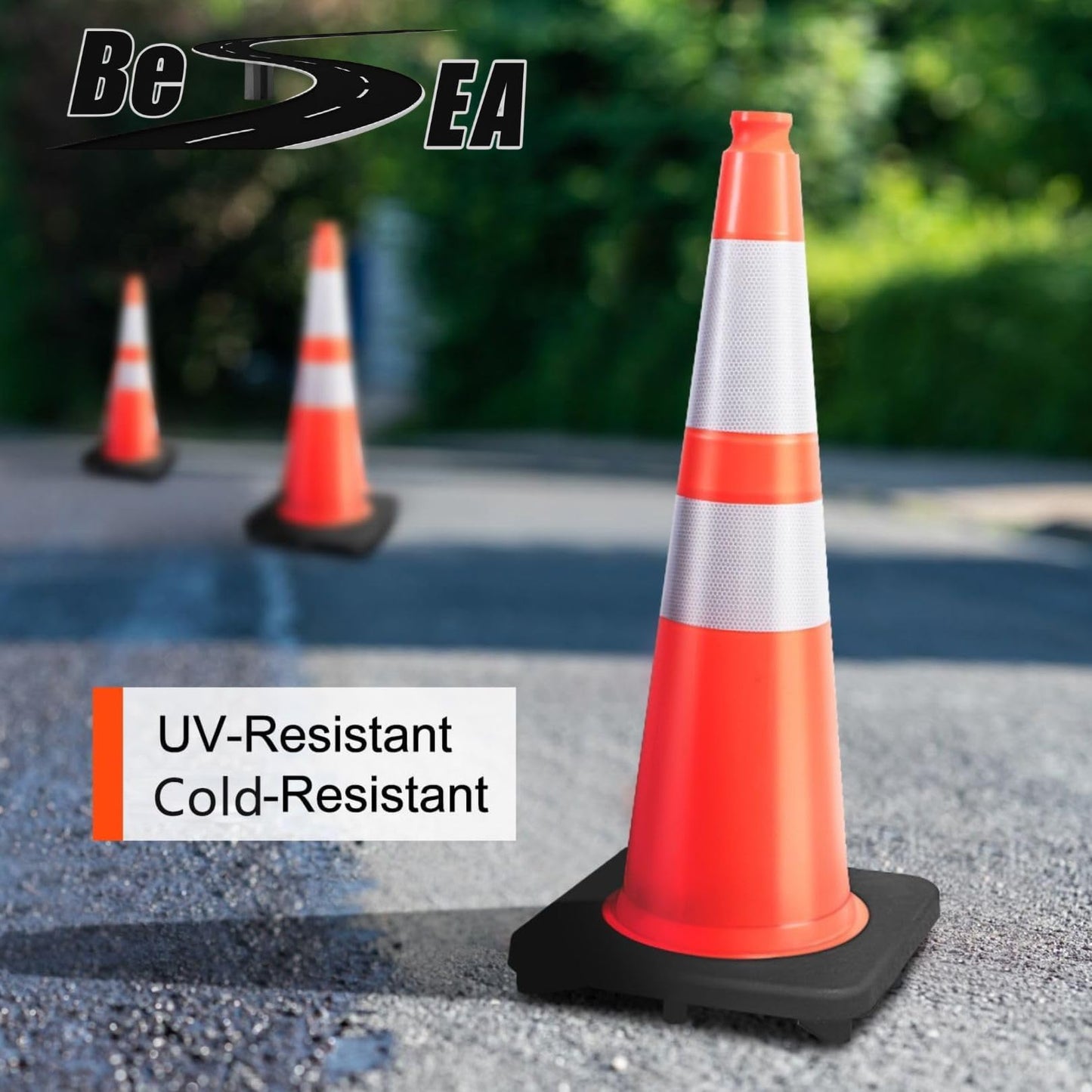 (14 Cones) BESEA 28” inch Orange PVC Traffic Cones, Black Base Construction Safety Cones Road Parking Cone Structurally Stable Wearproof (28" Height)